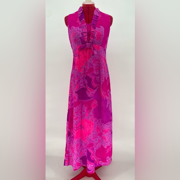 Vintage Dresses & Skirts - 1960s Vibrant Neon Pink Hawaiian Maxi Sundress With Psychedelic Print